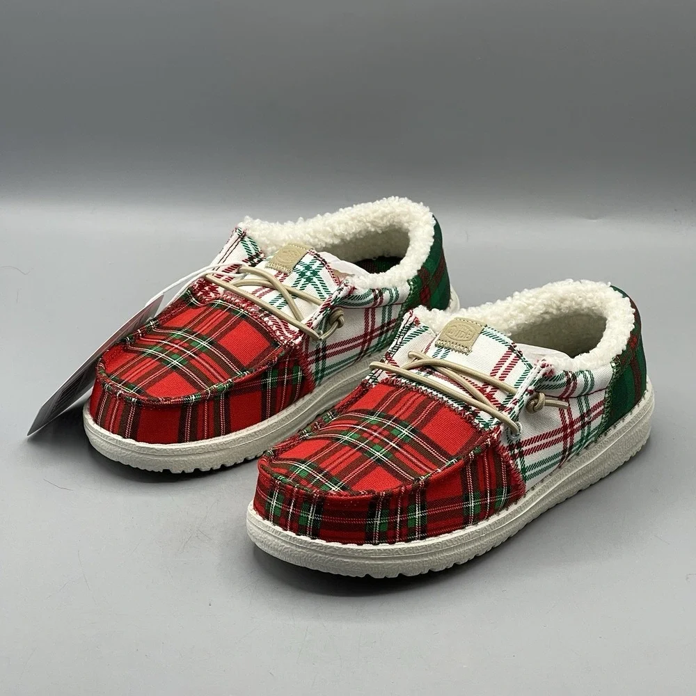 Hey‎ Dude Wally Youth Shoes US J1 Plaid Tartan Red White Green Slip-On Festive